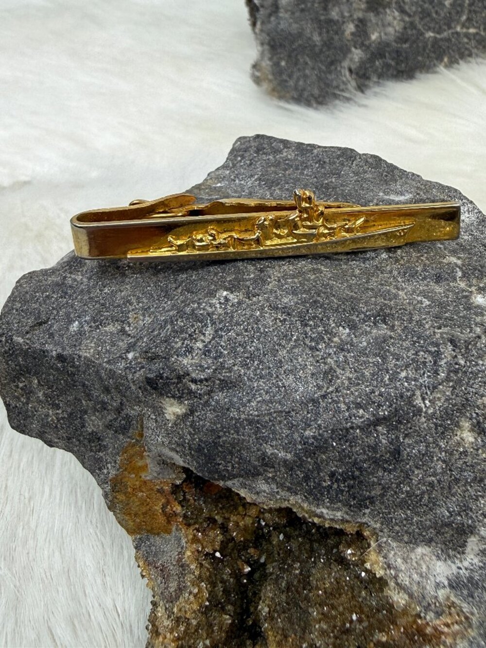 Vintage Gold Tone Battleship Navy Vintage Tie Bar Clip